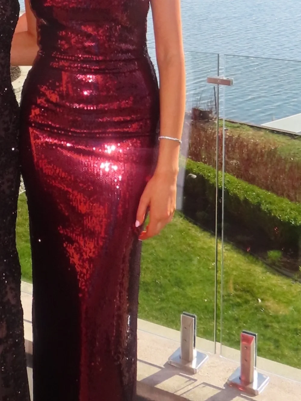 Meshki Sequin Halter Evening Gown - Burgundy - Picture 3 of 3